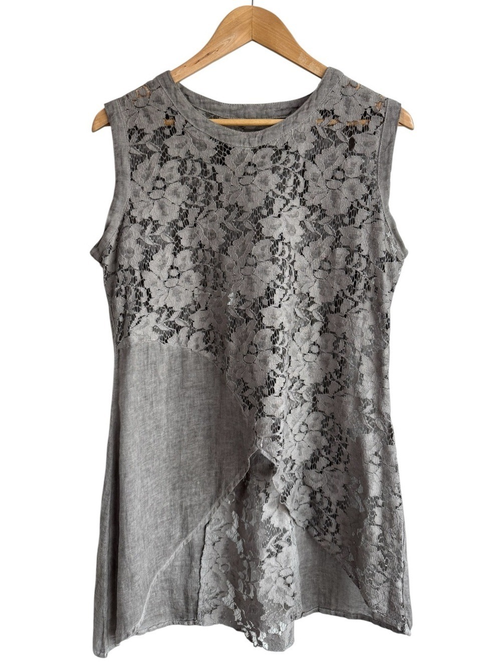 Fresh FX Open Knit Lace Top Sz L Grey Sleeveless Shirt Sheer Ramie Cotton Boho
